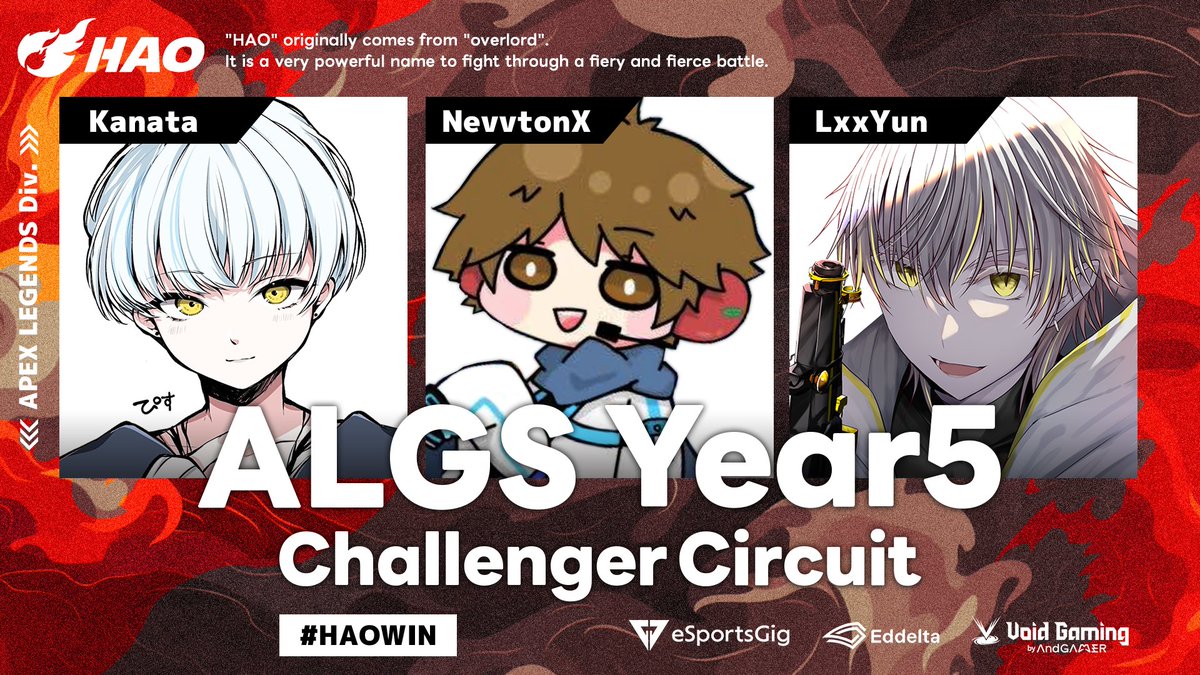 GIG_HAO's tweet photo. ＼ APEX部門 大会出場情報 ／
#ALGS Year5 Challenger Circuit
🗓️04月12日（土）12:00～

Roaster👥
・Kanata (@Kanata_Apex7）
🎥https://t.co/PRwLk6YaU5
・NevvtonX (@NevvtonX)
🎥https://t.co/O1l7CIMA7E
・LxxYun (@LxxYun)
🎥https://t.co/vE3Ax6EKOu

この後12時から始まります！
応援宜しくお願いします！🔥🔥
#HAOWIN