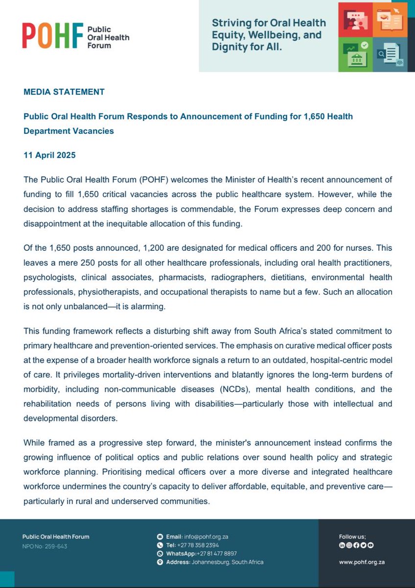 POHF_SA's tweet photo. MEDIA STATEMENT: @POHF_SA response to @HealthZA announcement of 1650 job advertisements.
@SAfmRadio @HealtheNews @SpotlightNSP @Radio702  @SABCNews #HealthEquityNow #publichealth #pharmacists #umemployment #OralHealth #MentalHealth #rehabilitation https://t.co/Q1rDBslw46
