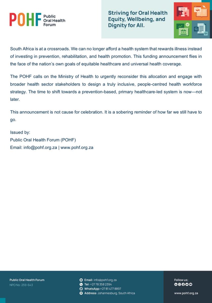POHF_SA's tweet photo. MEDIA STATEMENT: @POHF_SA response to @HealthZA announcement of 1650 job advertisements.
@SAfmRadio @HealtheNews @SpotlightNSP @Radio702  @SABCNews #HealthEquityNow #publichealth #pharmacists #umemployment #OralHealth #MentalHealth #rehabilitation https://t.co/Q1rDBslw46