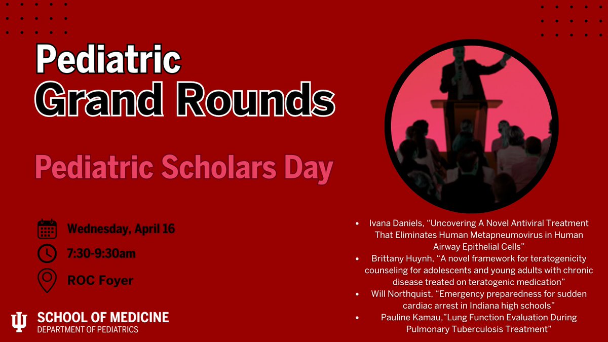 Join us for this week’s #PediatricGrandRounds #PediatricScholarsDay to hear from our very own, Ivana Daniels, Brittany Huynh, Will Northquist &amp; Pauline Kamau! 

More information: go.iu.edu/8t4H

#MedicalEducation #EducationSeries #Pediatrics