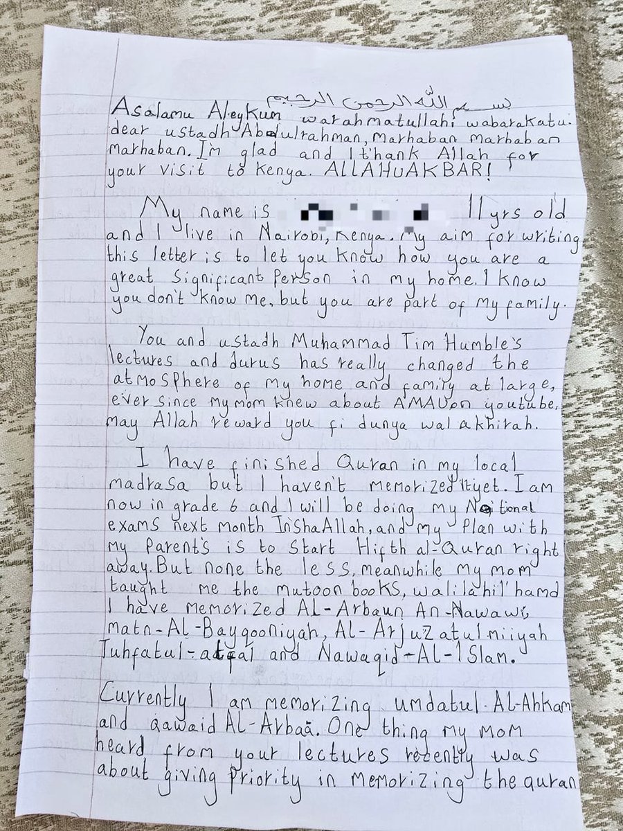 AMAUofficial's tweet photo. An emotional and inspiring letter written by one of the young students at the AMAU Dawrah in Kenya. May Allah raise him to be a scholar of Islam. https://t.co/F5OTbkJwpq
