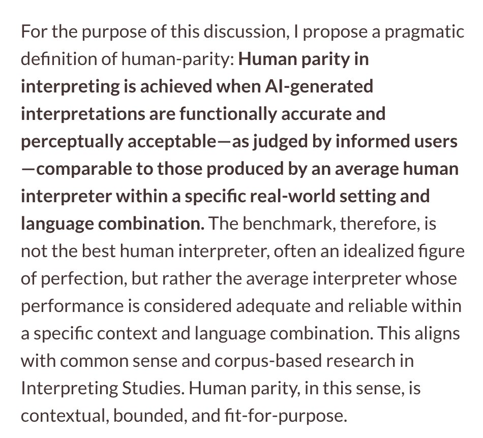 In this article, I discuss the concept of Human Parity in AI Interpreting and, though I find it less interesting, I also offer my prediction of when it might be achieved.

claudiofantinuoli.org/2025/04/11/hum…