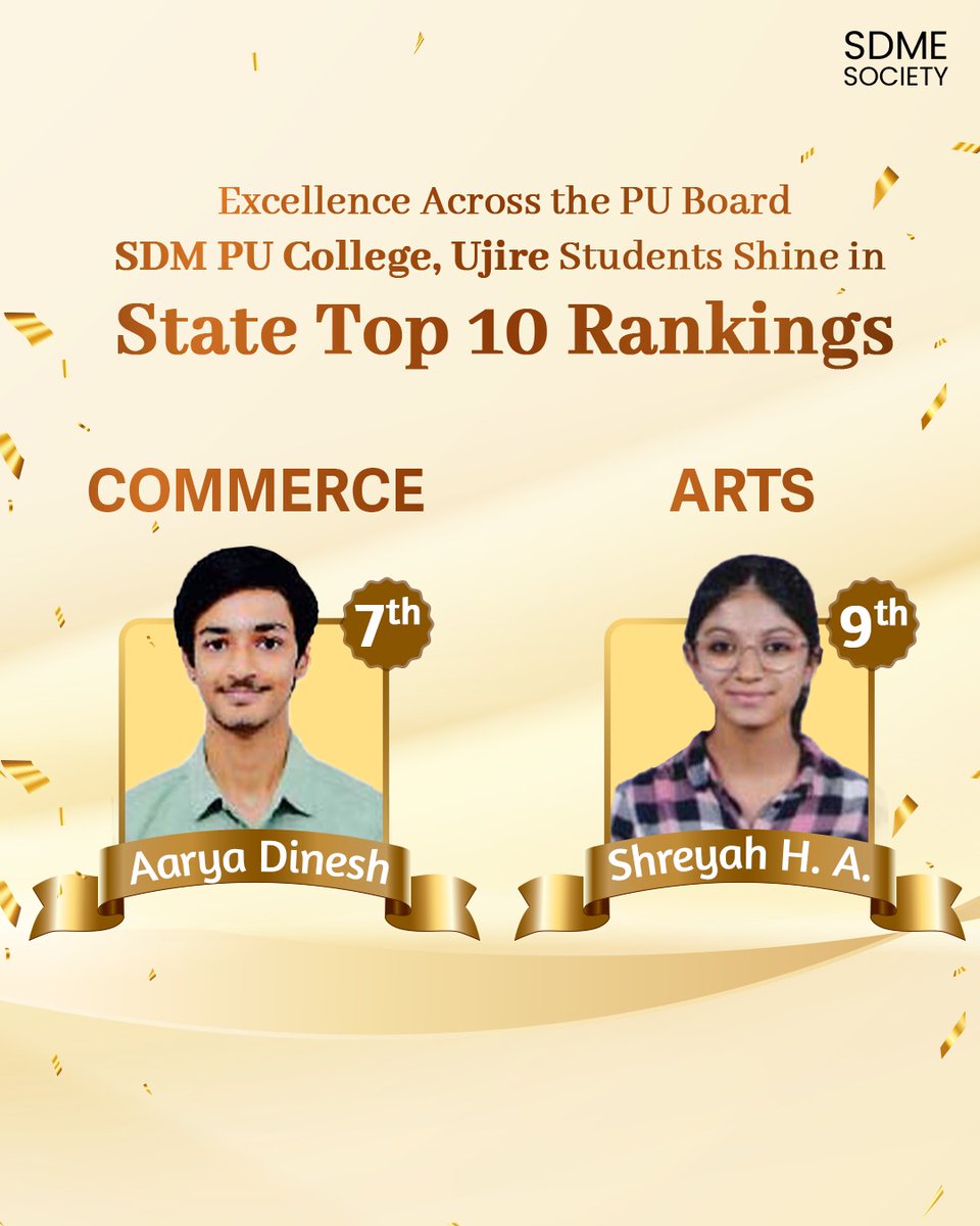 sdmesociety's tweet photo. We at SDME Society are proud to announce that students of Sri Dharmasthala Manjunatheshwara Pre-University College, Ujire, have secured Top 10 State Board Ranks across all three streams of Science, Commerce, and Arts.

A huge congratulations for this outstanding achievement! https://t.co/KQZxnZaeMG