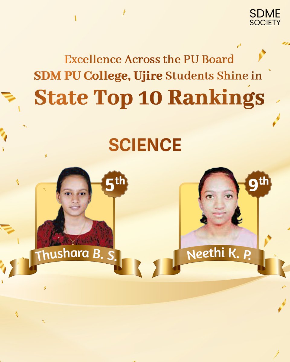 sdmesociety's tweet photo. We at SDME Society are proud to announce that students of Sri Dharmasthala Manjunatheshwara Pre-University College, Ujire, have secured Top 10 State Board Ranks across all three streams of Science, Commerce, and Arts.

A huge congratulations for this outstanding achievement! https://t.co/KQZxnZaeMG