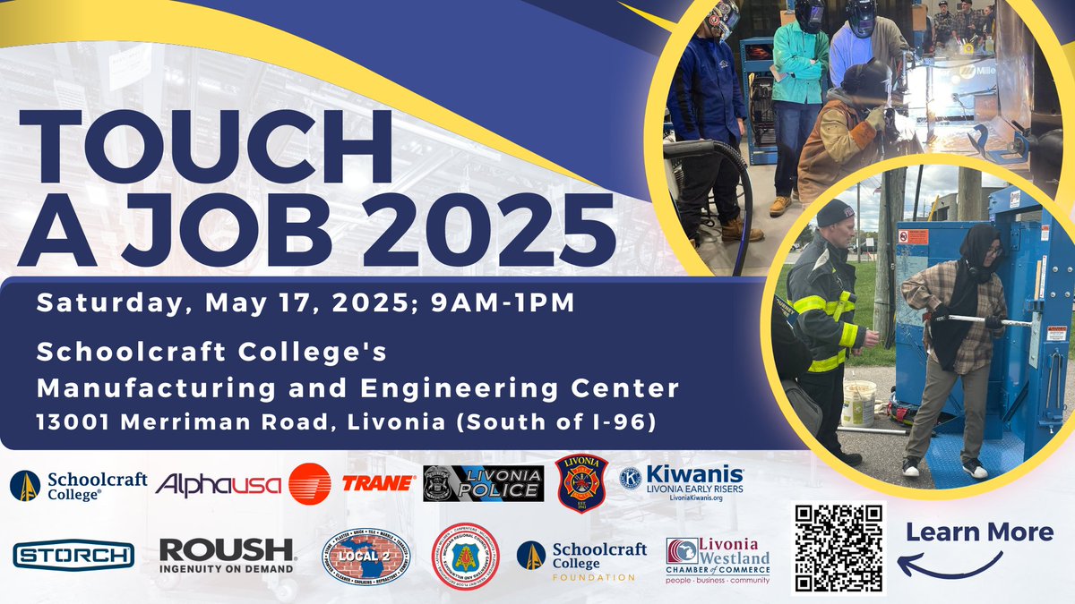 Touch a Job Career for middle-school and high-school students returns to Schoolcraft College MEC Building (13001 Merriman Road) 9a-1p on Saturday, May 17. Students can explore health, public safety and skilled trades jobs with hands-on experiences. Free admission.