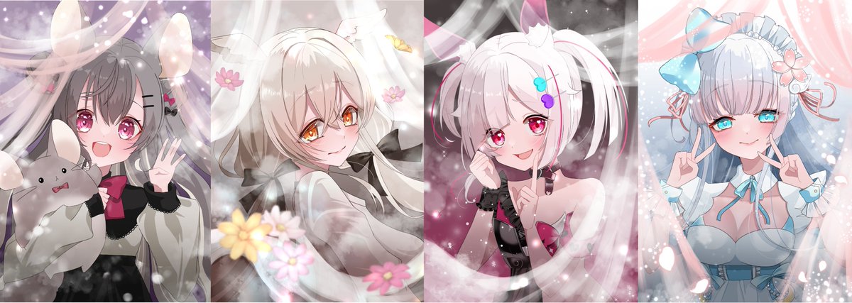 RAVA_Rabbit's tweet photo. ぺいぱれ4人のおめでたい日がみんな近かったので記念に全員分描いて並べてみました🐭🐶🐰🌙
みんなまとめておめでとおおおう🎉

みて！！！！
こうして並ぶとほんとにかわゆいですねぇ💕

#ちゆチラ
#ぬゐのあとりゑ
#白兎アート
#お月見あーと https://t.co/3xJynEP3U7