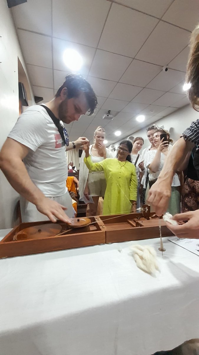 GandhiInMumbai's tweet photo. #NationalWeek Students from The Netherland's Leidon University learning to spin Charkha at Mani Bhavan Gandhi Museum today. #MahatmaGandhi #Spinningwheel https://t.co/7nGKWgwm7J