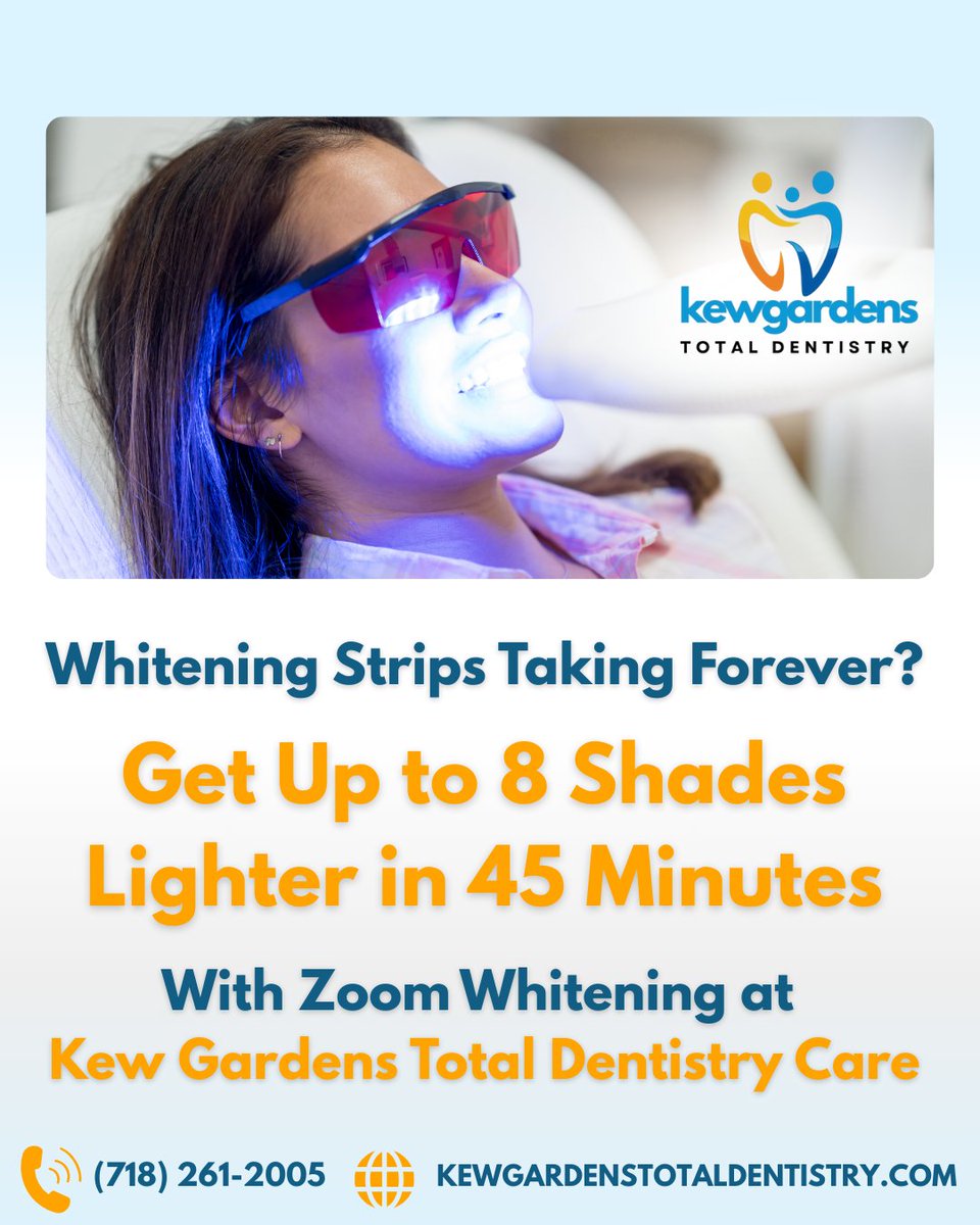 Whitening strips? They take forever.
At Kew Gardens Total Dentistry Care, Zoom Whitening gets you up to 8 shades lighter in just 45 minutes.

Why wait?
#TeethWhitening #ZoomWhitening #KewGardens