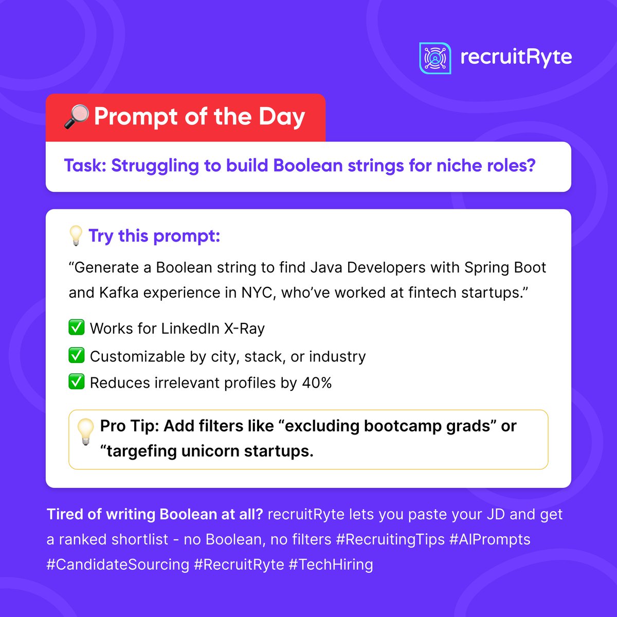 recruitRyte's tweet image. Struggling with Boolean strings for niche tech roles? 🧠
Try this AI prompt to cut irrelevant profiles by 40%—customizable and LinkedIn X-Ray ready! 🚀
#RecruitingTips #BooleanSearch #CandidateSourcing #TechHiring #RecruitRyte #AIinRecruitment #HiringHacks #SourcingHacks