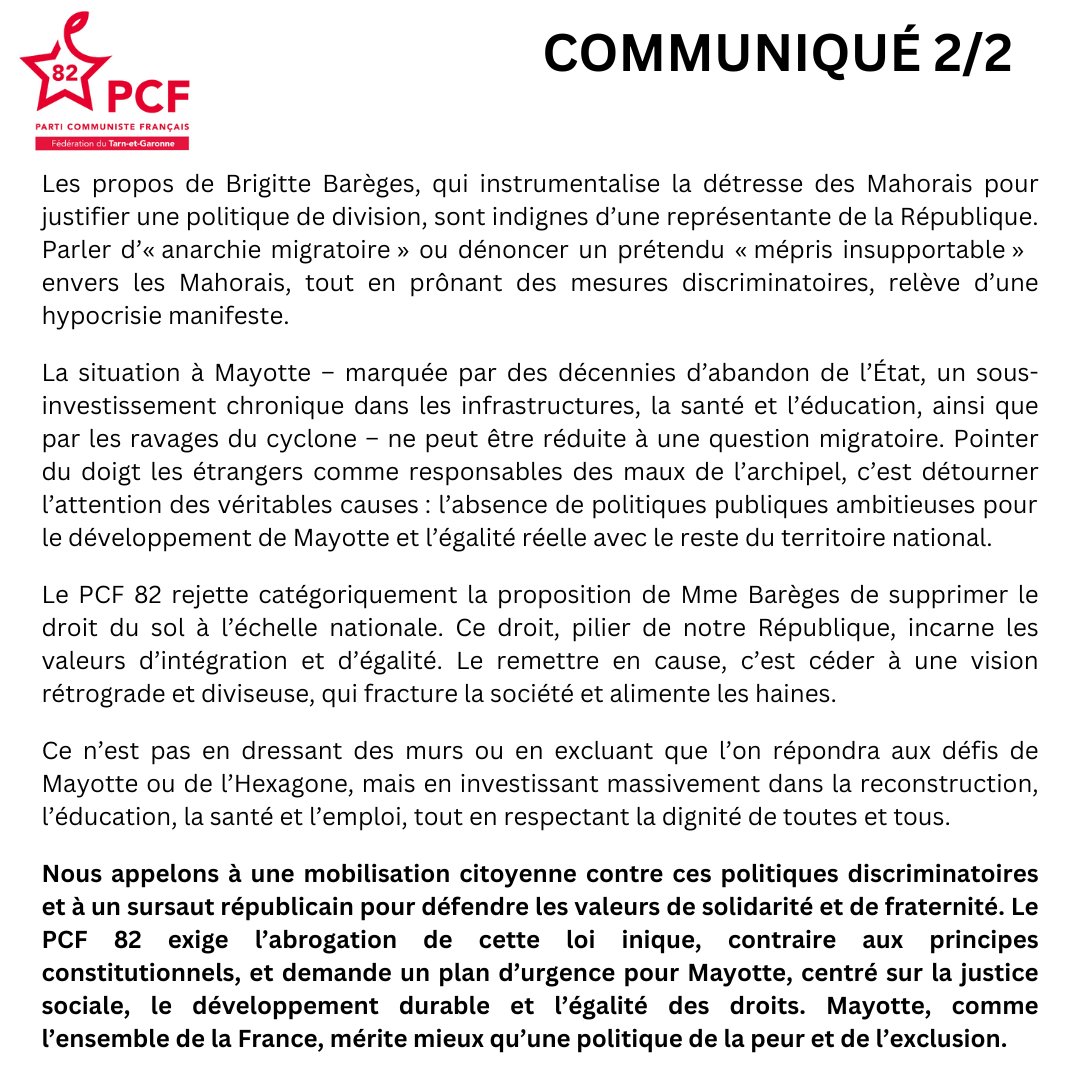 PCF_82's tweet photo. [Communiqué] - Réponse à la proposition de Brigitte Barèges et ses déclarations sur la restriction du droit du sol - ⤵️ https://t.co/KhA2E59uxi
