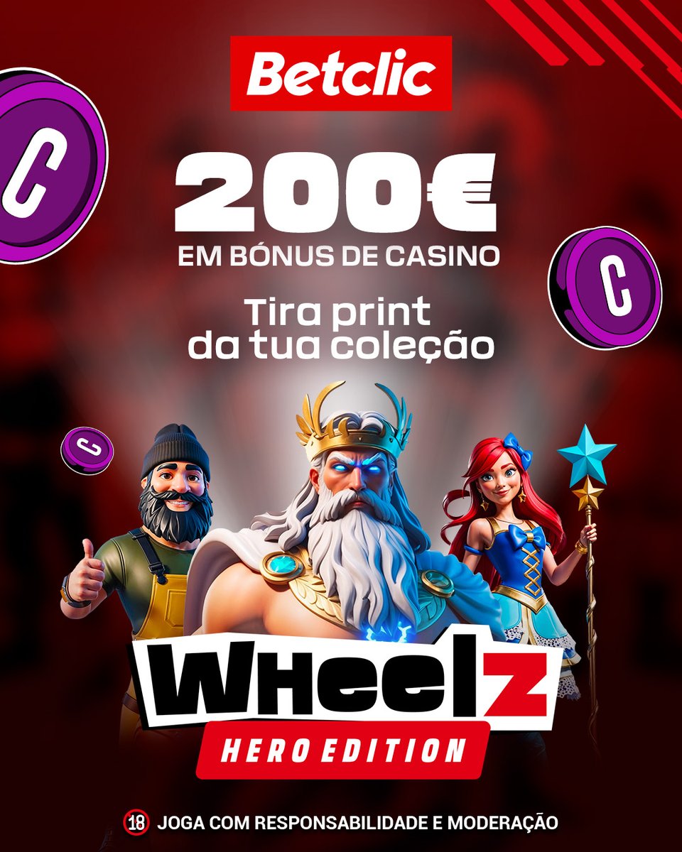 🎰 Como é que já vai essa coleção de símbolos na Wheelz? Vamos sortear 200€ em Bónus de Casino para 20 pessoas (10€ cada).

- Segue a <a href="/BetclicPortugal/">Betclic Portugal 🔞</a>
- Dá RT + Like
- Comenta com o print da tua coleção até agora + Username

1 comentário por pessoa.
Pago segunda-feira, dia 14.