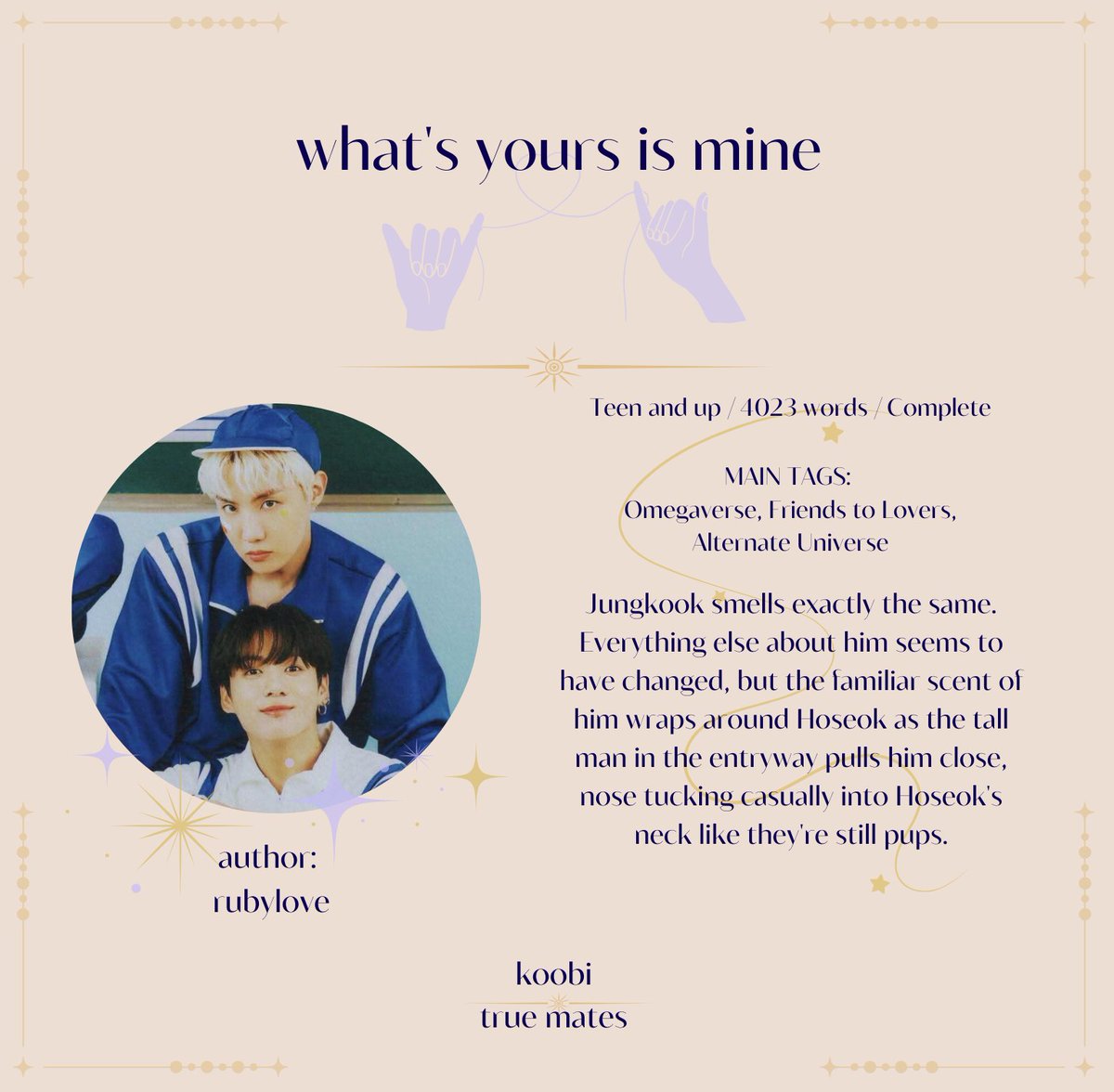 KoobiTrueMates's tweet image. It's Fic Rec Friday again ❣️ And today we have a sweet omega/omega, friends to lovers one-shot that will make you swoon, chosen by our lovely 🍄 mod

⭐️What's yours is mine, by @Ruby_though 
archiveofourown.org/works/60299509