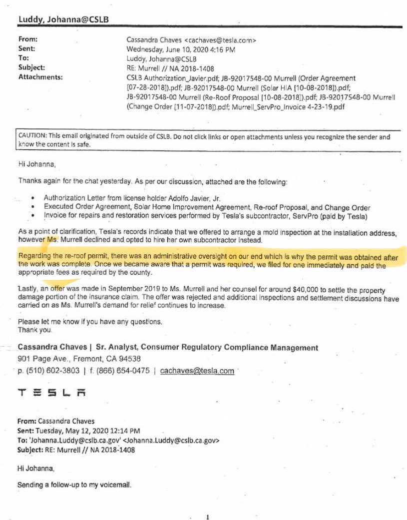 TiffanyPhoto1's tweet photo. - 91 Days to TRIAL, #MurrellvTesla

FACT:
Cassandra Chaves | Business Compliance TO @CSLB
“Regarding ReRoof permit there was an Administrative Oversight on our end which is why the permit was obtained AFTER the work was completed”

NO Required Inspections/Final= Work NOT Complete https://t.co/sVvgmYkTXg