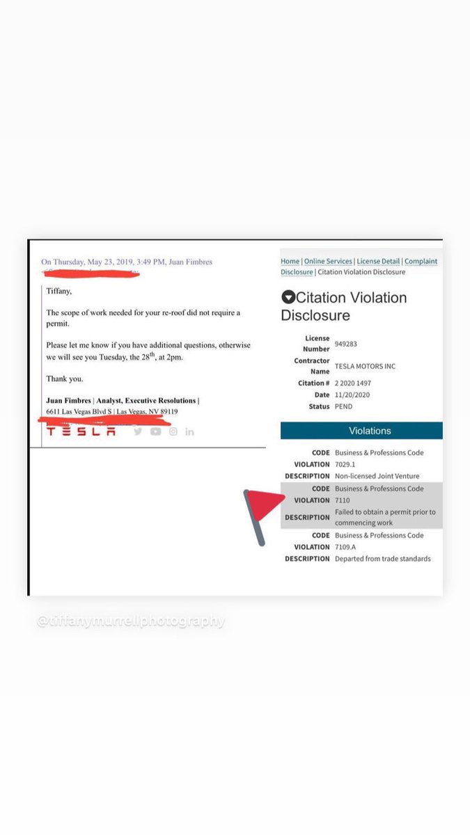 TiffanyPhoto1's tweet photo. - 91 Days to TRIAL, #MurrellvTesla

FACT:
Cassandra Chaves | Business Compliance TO @CSLB
“Regarding ReRoof permit there was an Administrative Oversight on our end which is why the permit was obtained AFTER the work was completed”

NO Required Inspections/Final= Work NOT Complete https://t.co/sVvgmYkTXg
