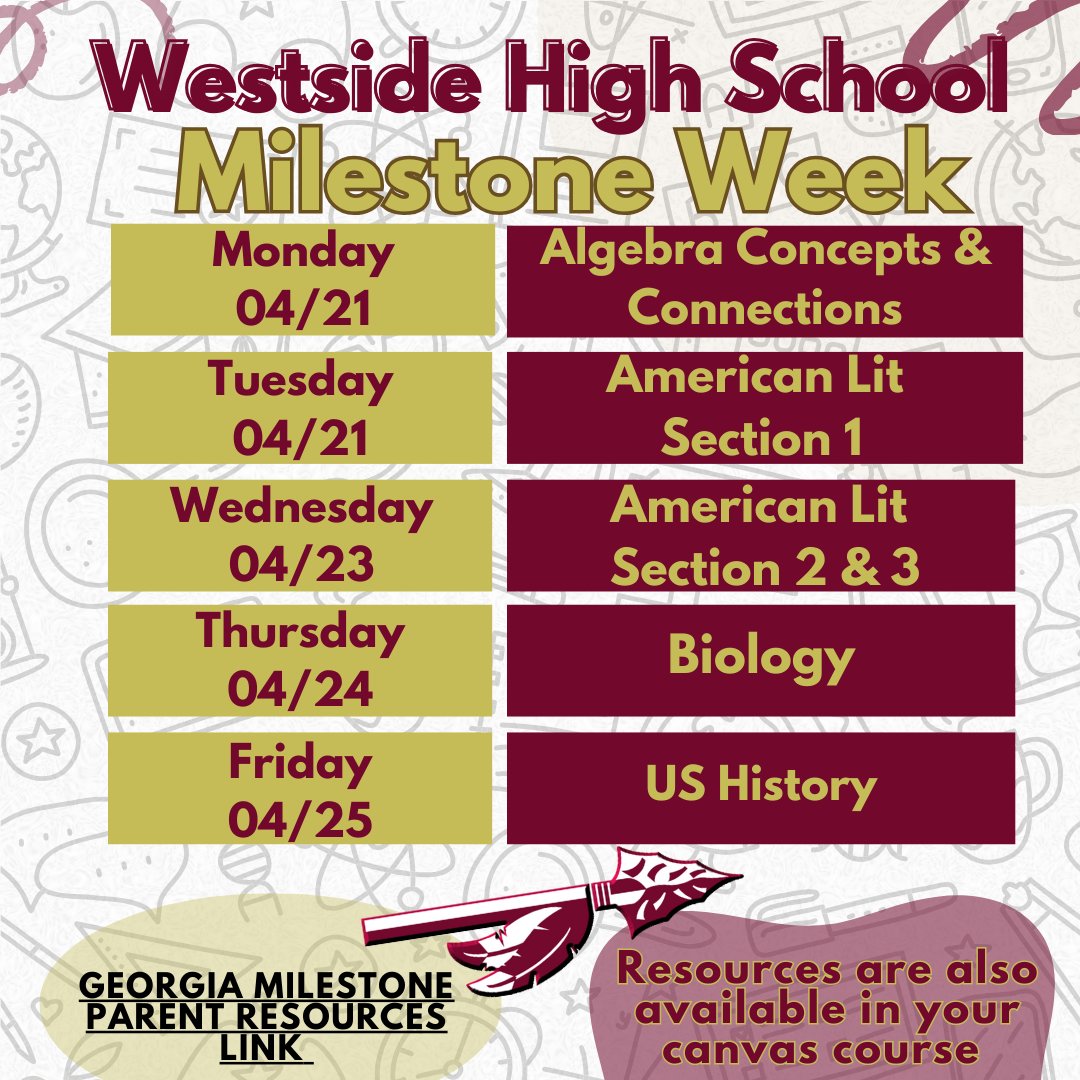 WHS_Seminoles's tweet photo. It’s all about the MILESTONES as Westside’s “Milestone Week” is fast approaching and starts Monday April 21st. Here is a LINK for Parents & Guardians with FAQ & information on resources. LINK >> https://t.co/vBTCmbglti
#Built4Bibb #WestsidePride #WestsideWinning #GAMilestones https://t.co/nXYs1R9ebM