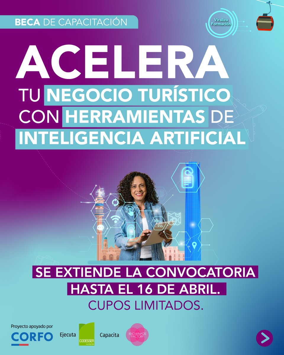 CodesserC's tweet image. 🟢 #CodesserInforma: ¡Se #extiende plazo de #postulación hasta el 16 de abril!
Postula a la capacitación #gratuita "Acelera tu negocio turístico con IA", dirigida a empresas turísticas de la región #Metropolitana lideradas por #mujeres. Inscríbete en codesser.cl/wp-content/lan…