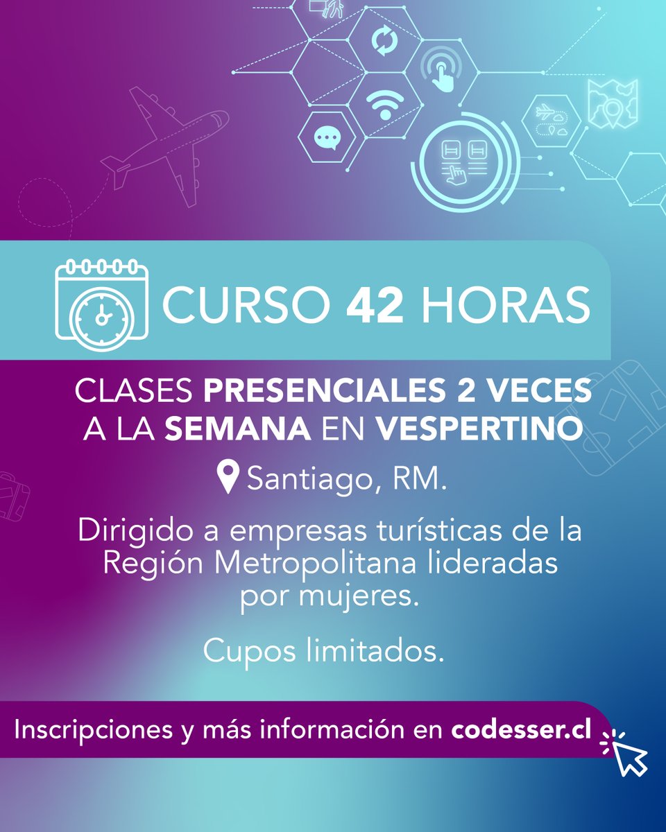 CodesserC's tweet image. 🟢 #CodesserInforma: ¡Se #extiende plazo de #postulación hasta el 16 de abril!
Postula a la capacitación #gratuita "Acelera tu negocio turístico con IA", dirigida a empresas turísticas de la región #Metropolitana lideradas por #mujeres. Inscríbete en codesser.cl/wp-content/lan…