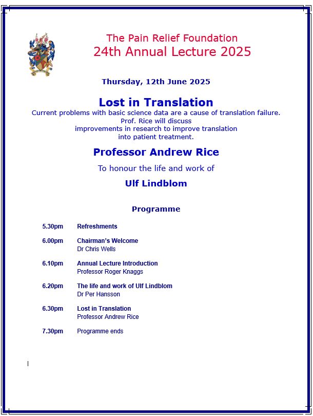 Pain Relief Foundation’s 24th Annual Lecture 2025
Free Event attend online or in person.
To register click here
painrelieffoundation.org.uk/pain-relief-fo…