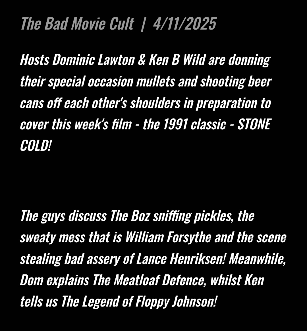 BadMovieCult's tweet photo. 💀 New Podcast Episode 💀
We've buffed up our Choppers, carefully groomed our mullets, & we're balls deep undercover as we discuss this absolute beauty
Stone Cold!
https://t.co/8mk12mQt7d
#stonecold #actionmovies #theboz @GotBoz44 #lancehenriksen #williamforsythe #moviepodcast https://t.co/w4heuKzeuk