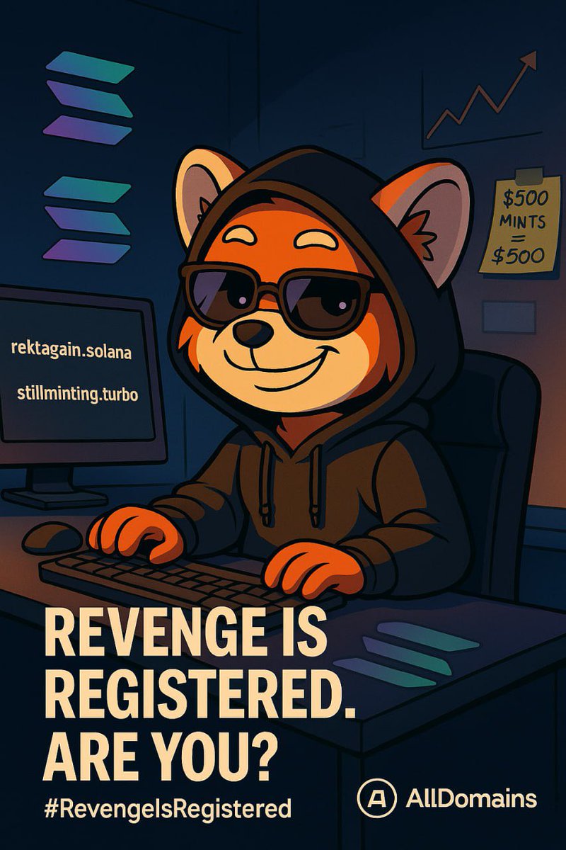 alldomains_'s tweet photo. 📢 Reminder

The market dipped. We minted. 🫡
#RevengeIsRegistered is STILL live

Mint the funniest, pettiest, most savage domain you can think of.
.solana, .turbo — doesn’t matter. Just own it.

💰 $500 in prizes
🏆 “Avenger” role for top 10
⏳ Ends when we hit 500 mints

👉 https://t.co/o1w4hX9OTT | https://t.co/9GZXy4nrXP
📸 Post yours with #RevengeIsRegistered

Because revenge is best served... onchain 😈