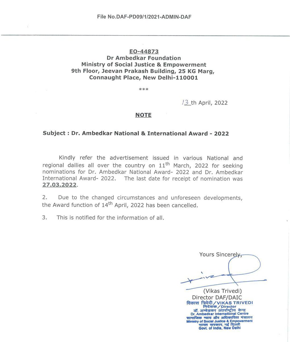 SurajKrBauddh's tweet photo. Govt's hatred towards Babasaheb!

It is extremely sad that after coming to power, the Narendra Modi govt has arbitrarily cancelled Dr. Ambedkar National and International Awards since 2015 without giving any valid reasons.

The Dr. B.R. Ambedkar National and International Award were instituted in 1992 and 1995 respectively by the GOI in honor of Babasaheb. These awards are administered by the Dr. B.R. Ambedkar Foundation, an organization under the Ministry of Social Justice and Empowerment.

Every year on April 14 (Ambedkar Jayanti), these awards are conferred upon individuals and organizations that have made exceptional contributions to promoting social harmony and the upliftment of weaker sections of society. The selection process is based on published works or social movements that have had a significant impact on the lives of the weaker sections.

The Ambedkar International Award is given annually to a qualified individual or organization from across the globe. The award includes a cash prize of ₹15 lakhs and a citation. In addition, three National Awards are given every year to individual or organizations. Each of these awards carries a cash of ₹10 lakhs and a citation.

However, these awards have not been conferred by the Dr. B.R. Ambedkar Foundation from 2015 to 2025.

Every year since 2015, the foundation has announced calls for nominations and then arbitrarily cancelled the awards, citing no valid reason. This indicates a lack of transparency and negligence regarding the awards.

My friend @PkGollamudi filed an RTI to the Dr. B.R. Ambedkar Foundation inquiring about why the awards were being arbitrarily cancelled, their response stated that the awards had been discontinued.

However, when asked whether there was any official government order (GO) or public announcement about the discontinuation of these awards, the foundation did not respond to the email or provide any such information.

When this matter was taken up under the Right to Information (RTI) Act, the Dr. B.R. Ambedkar Foundation delayed the response beyond the stipulated timeframe. As a result, the matter was appealed before the Central Information Commission (CIC).

The CIC accepted the appeal and summoned the Dr. B.R. Ambedkar Foundation for a hearing on March 3, 2025. Before the hearing, the foundation stated that:

“The decision to discontinue the Dr. B.R. Ambedkar National Award for Social Understanding and Upliftment of Weaker Sections was reviewed and has been discontinued vide Ministry of Home Affairs [Confidential] Office Memorandum No. 5/1/2020-Public dated 03.10.2022.”

They claimed that the decision was confidential and hence the details of the decision to cancel the awards could not be disclosed to the public.

Every year on Ambedkar Jayanti, political leaders and political parties pay tribute to the great personality and take photos in front of Dr. B.R. Ambedkar statue and claim that they will follow and protect his ideology. How appropriate is it for the political parties, politica leader to remove an award that is named after him? Is it not hypocrisy? @PMOIndia @HMOIndia @MSJEGOI @NCSC_GoI @DrAmbedkarInte2 @Mayawati @RamdasAthawale @ikishormakwana