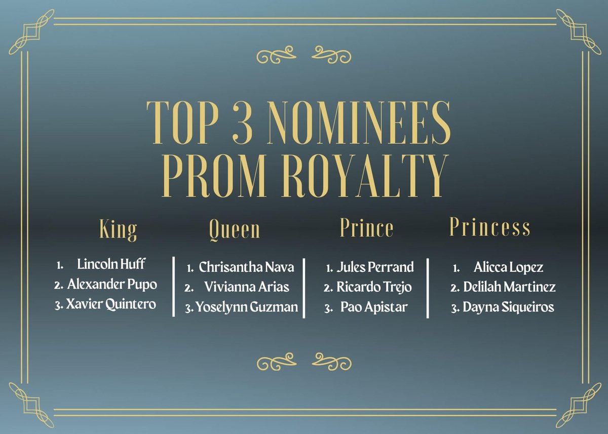 The nominations are in, the finalists have been chosen… and now it’s YOUR turn to decide who will wear the crown! 
🗳️ Vote for Prom Royalty April 12, 2025!
📅 Voting is open 7:00pm to 8:30pm. 
🔗 Cast your vote at Prom at the voting tables  
📍You must be attending prom to vote!