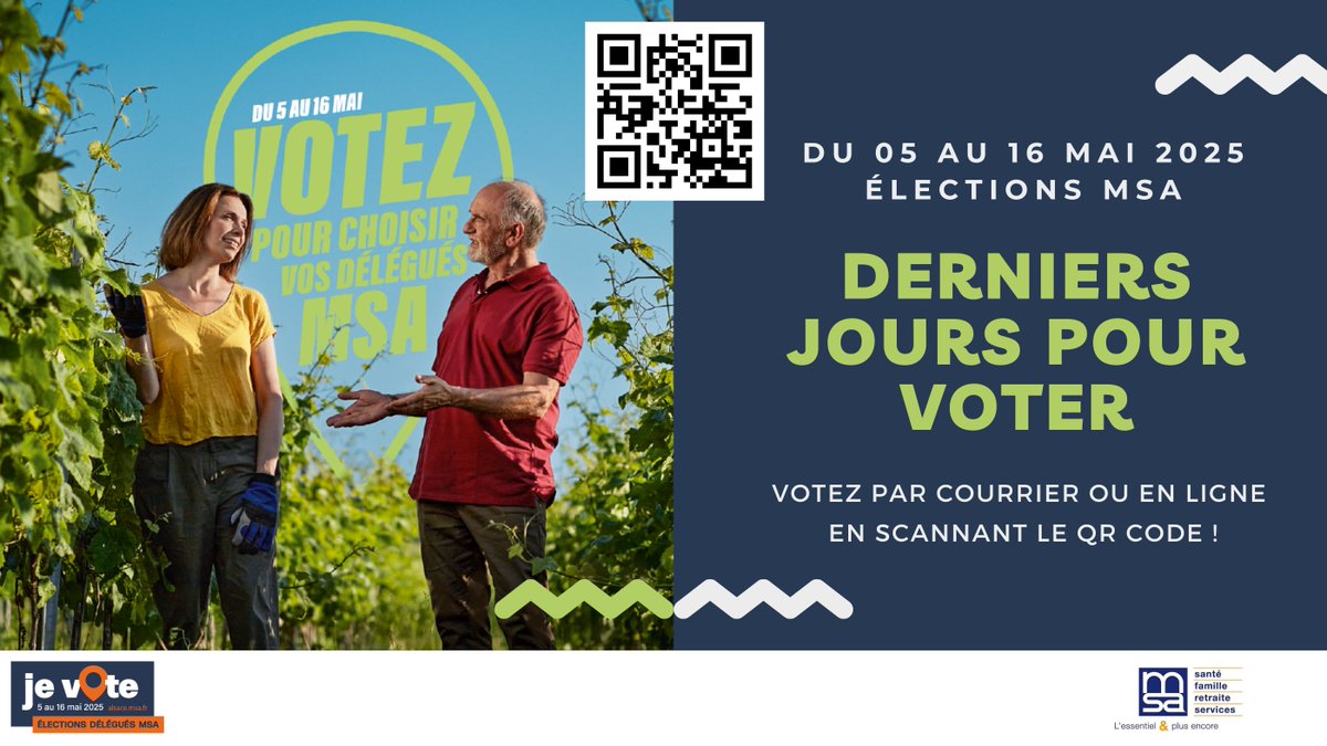 #ÉlectionsMSA2025 ⚠️Dans 2 jours, fin des votes (dernier jour le 16 mai)📢

👉 Adhérents électeurs de la <a href="/msa_actu/">La MSA</a>, élisez les délégués qui vous représenteront pendant 5 ans, jusqu'en 2030 : par courrier ou en ligne urlr.me/Bzkb6f

Votre voix compte !