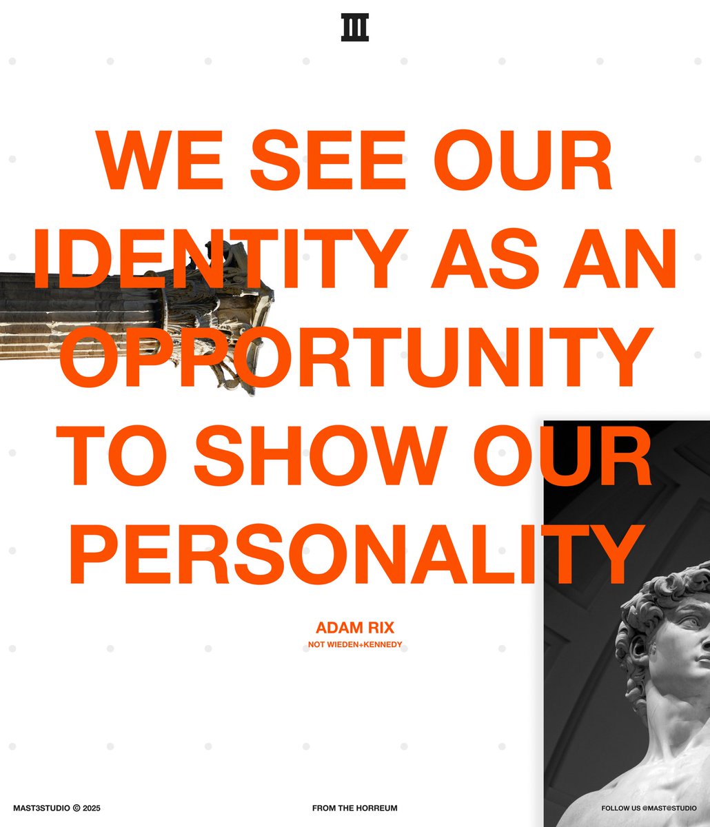 “We see our identity as an opportunity to show our personality” - Adam Rix 
Your brand’s identity isn’t just about recognition- it’s about resonance. At <a href="/mast3studio/">mast3studio</a>, we build visual languages that speaks your truth, boldly. #BrandIdentity #DesignWithPurpose #CreativeStudio #M3S