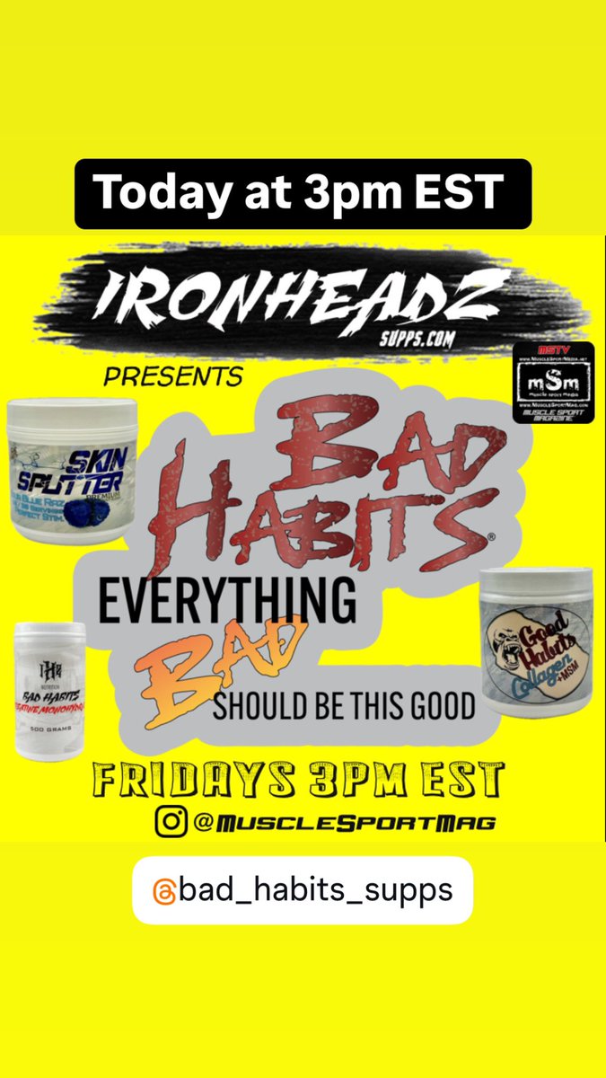 MuscleSport_LLC's tweet photo. Today at 3pm est on #musclesportmag #instagramlive #ironheadz #supps .com Presents #badhabits 🎤 #mSm #musclesport #bodybuilding @ironheadzgym @bad_habits_supps https://t.co/T5wMdnISKn