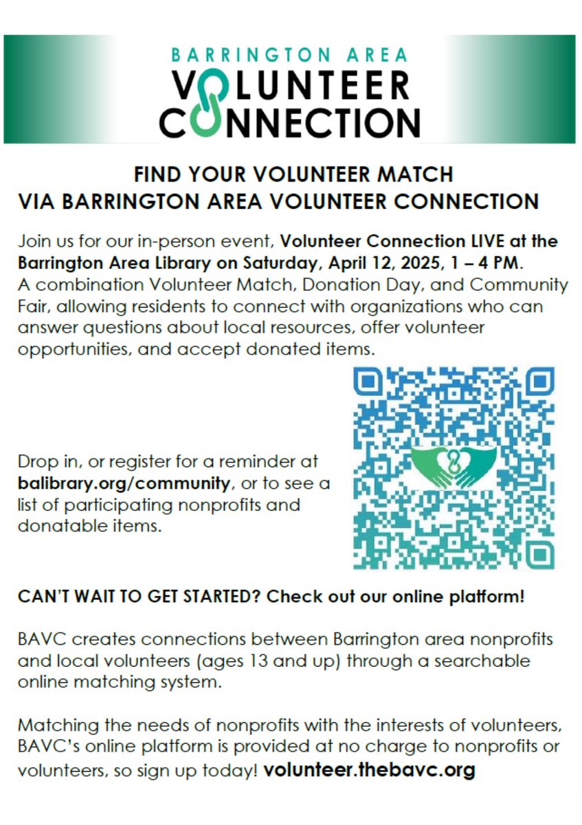 Be sure to stop by Volunteer Connection Live TOMORROW at the Barrington Area Library, 1-4pm #bavc #bacog #volunteer #connection