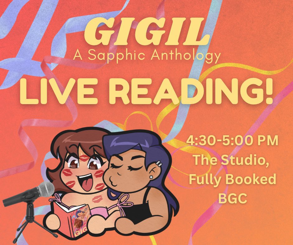 dakilangdiwata's tweet photo. ‼️👩‍❤️‍💋‍👩YURI ALERT 👩‍❤️‍💋‍👩‼️
This Saturday, some of the Gigil authors are doing a live reading of their entries in the @KomiketPH’s GIGIL: A Sapphic anthology! 

It’ll be at The Studio at FullyBooked BGC this April 12, 2025 (2-7PM). Takits!

Pub by @BintuRita! https://t.co/E50f9MNMaP