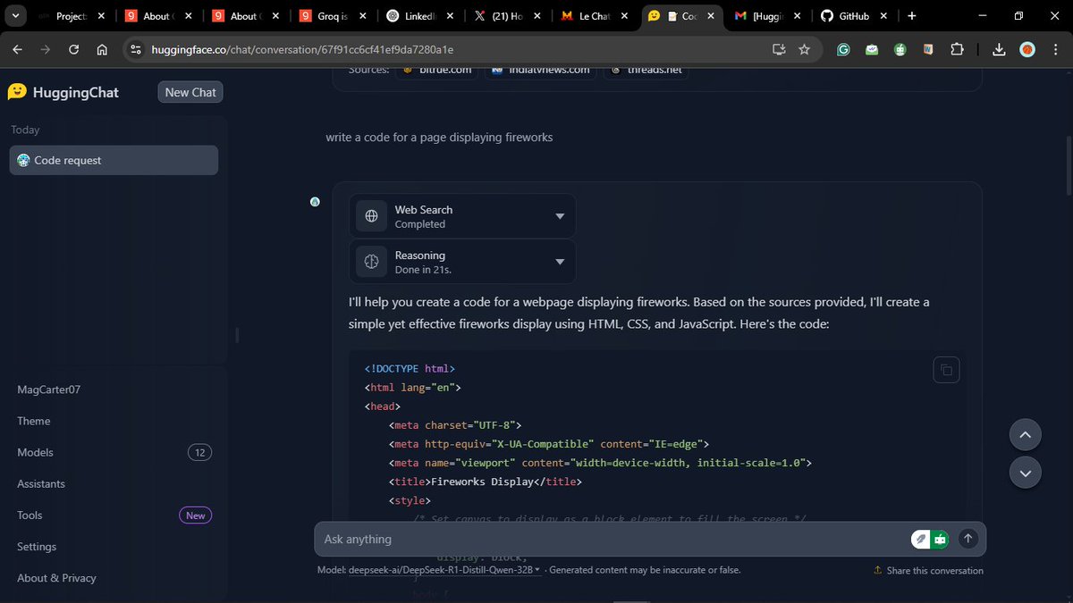 Baron_Baltimore's tweet photo. I used huggingface AI to write code for a fireworks display webpage 🎆🎇🧨 #ALX_AiSK @alx_africa https://t.co/aRI4ZLZCBQ