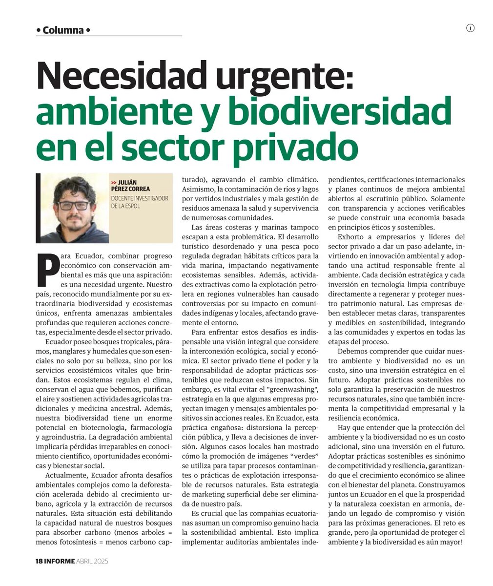ESPOL (@espol) on Twitter photo #ESPOLenlasNoticias
En el artículo titulado, Necesidad urgente: ambiente y biodiversidad en el sector privado, publicado en la revista Informe de Diario El Universo, Julián Pérez Correa, docente investigador de <a href="/fcvespol/">Facultad de Ciencias de la Vida</a>, habla sobre la importancia de la protección ambiental en #ESPOLenlasNoticias
En el artículo titulado, Necesidad urgente: ambiente y biodiversidad en el sector privado, publicado en la revista Informe de Diario El Universo, Julián Pérez Correa, docente investigador de <a href="/fcvespol/">Facultad de Ciencias de la Vida</a>, habla sobre la importancia de la protección ambiental en