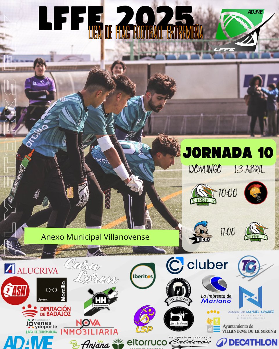 Vva_BlackStorks's tweet photo. Se cierra 🔒 la temporada regular de la 🏈 Liga de Flag Football Extremeña en Villanueva.
White Storks se juega entrar en los Playoffs.
Jornada 🔟
🕙 #WhiteStorks⚪️ 🆚 #Romanos⚔️
🕚 #Ducks🦆 🆚 #WhiteStorks⚪️
🕛 #Romanos⚔️ 🆚 #Ducks🦆
✍️ Previa ⤵️
https://t.co/wlUIlDpjkC https://t.co/HwbJ7JREeN