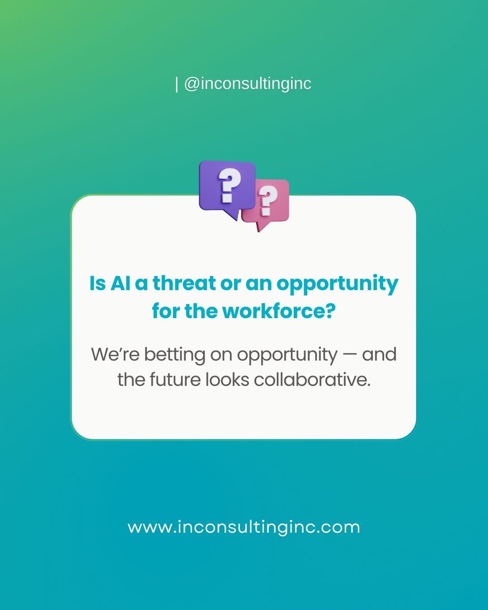 InConsultingInc's tweet photo. Ready to transform challenges into opportunities?🤝🤖

We're optimistic about the collaborative future AI brings to the workforce.

Let's build a future where humans and AI work better together. https://t.co/Ke2IPOMzTk