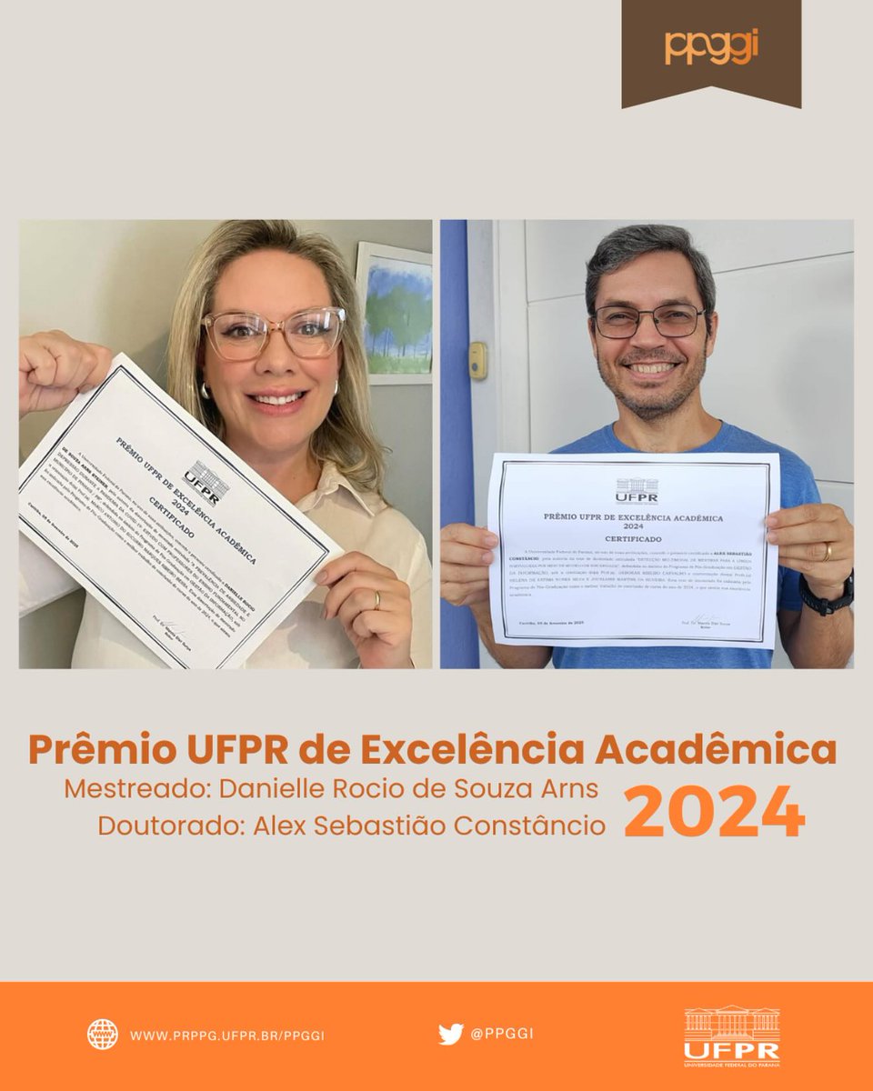 É com muito orgulho que o PPGGI/UFPR celebra os vencedores do Prêmio UFPR de Excelência Acadêmica 2024!
📷 No Mestrado, a premiada foi Danielle Rocio de Souza Arns, no Doutorado, o destaque foi para Alex Sebastião Constâncio.
Veja a notícia: prppg.ufpr.br/site/ppggi/pb/…