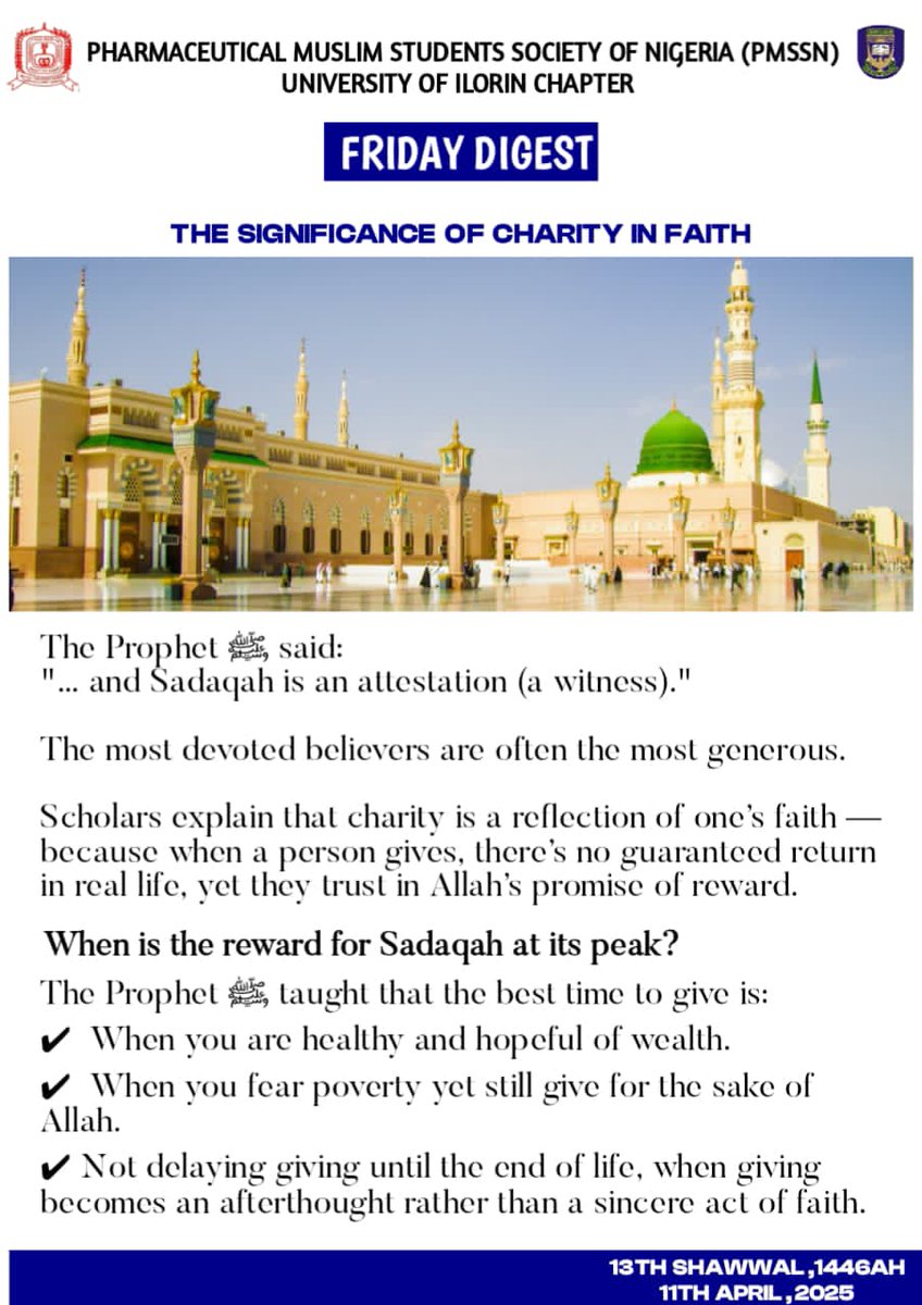 PmssnUnilorin's tweet photo. APRIL 11, 2025- SHAWWAL 13, 1446AH

 Give while you can, and let your charity be a true testament(witness) to your Iman.

 ©️ PMSSN UNILORIN EDITORIAL COMMITTEE https://t.co/v38wHdqM3h
