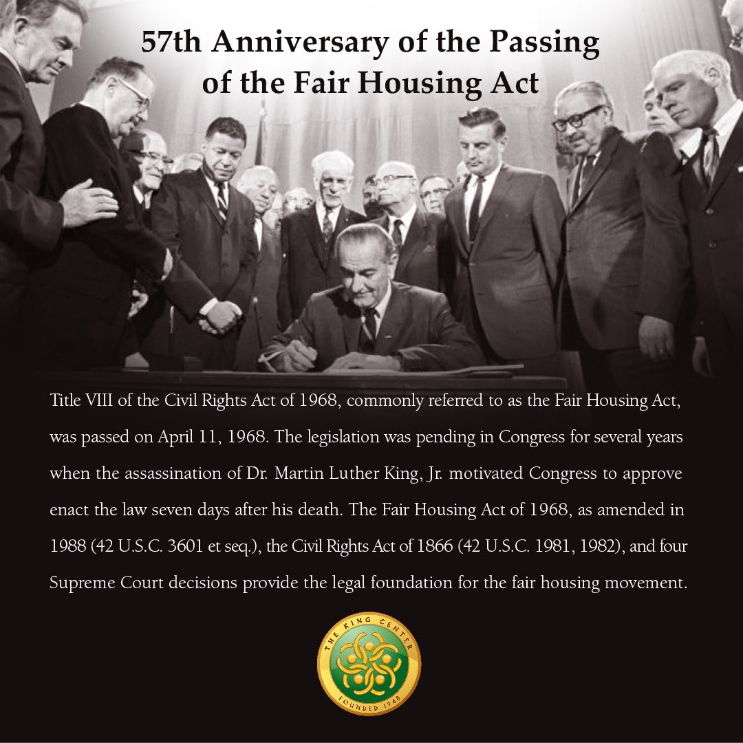 Today, we commemorate the 57th Anniversary of the Passing of the #FairHousingAct.

Wiew/listen to a conversation <a href="/TheKingCenter/">The Martin Luther King, Jr. Center</a>, in partnership with <a href="/Habitat_org/">Habitat for Humanity</a> and <a href="/habitatskc/">Habitat Seattle-King County</a>, hosted yesterday about the Fair Housing Act and advancing #equity in #housing and #homeownership: