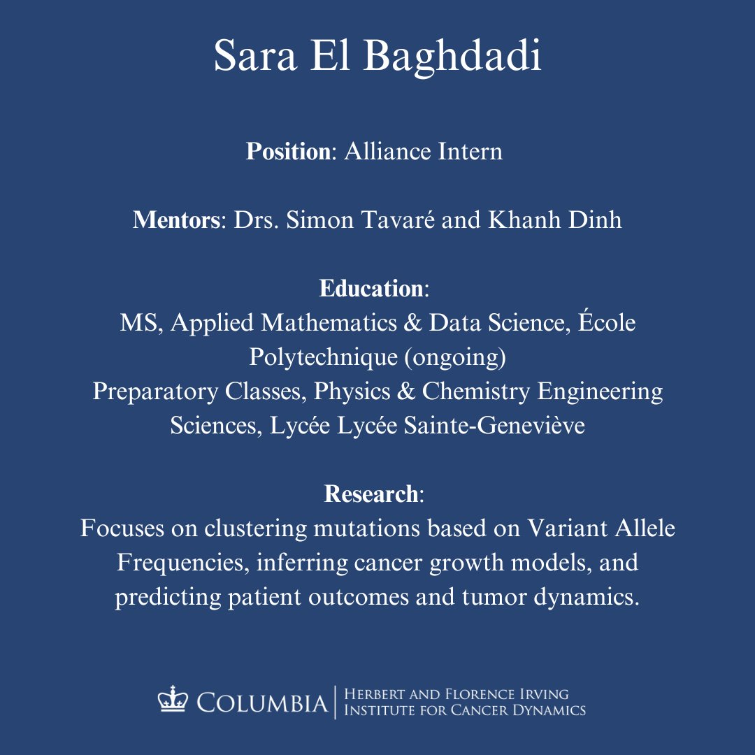 Columbia - Irving Institute for Cancer Dynamics (@cancer_dynamics) on Twitter photo Meet Sara El Baghdadi, an intern at IICD from École Polytechnique!
She's working with Drs. Tavaré and <a href="/khanh_n_dinh/">Khanh N. Dinh</a> on clustering mutations by Variant Allele Frequencies to improve cancer growth models and outcome predictions.
#CancerResearch #DataScience Meet Sara El Baghdadi, an intern at IICD from École Polytechnique!
She's working with Drs. Tavaré and <a href="/khanh_n_dinh/">Khanh N. Dinh</a> on clustering mutations by Variant Allele Frequencies to improve cancer growth models and outcome predictions.
#CancerResearch #DataScience