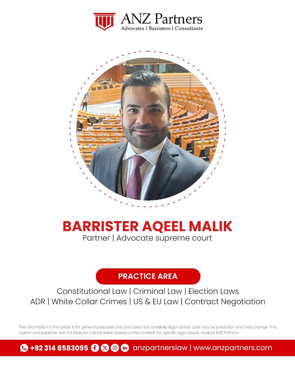 ANZPartnerslaw's tweet photo. Barrister Aqeel Malik
.
🔹 Partner | Advocate Supreme Court

🏛️ A trusted legal expert handling complex legal disputes at national and international levels.
📞 Contact: +92 314 8583095
🌐 https://t.co/tCic17Zeal
.
.
.
#ANZPartners #Barristers #ConstitutionalLaw #ElectionLaw https://t.co/WbM8ANTPrX