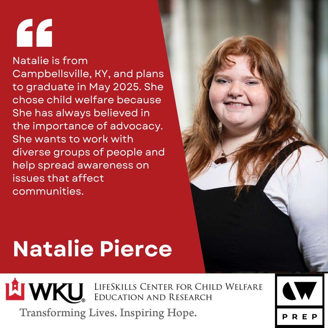 The Child Welfare Prepare, Retain, Engage and Partner Program(CW PREP)is a partnership between the Kentucky Cabinet for Health and Family Services and university undergraduate social work programs.  Meet Natalie Pierce  an amazing CW Prep student!
<a href="/CHHS_WKU/">chhs_wku</a>
<a href="/GriffithsPhD/">Austin Griffiths, Ph.D.</a>