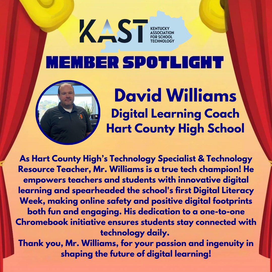 🎉 This month's <a href="/kastk12/">KASTk12</a> Member Spotlight is David Williams,  DLC @HartCountyHighSchool !

👏🏽 Thank you for your contributions to KY students and teachers! 

‼️ Nominate a deserving #KAST Member at bit.ly/3AonY39!