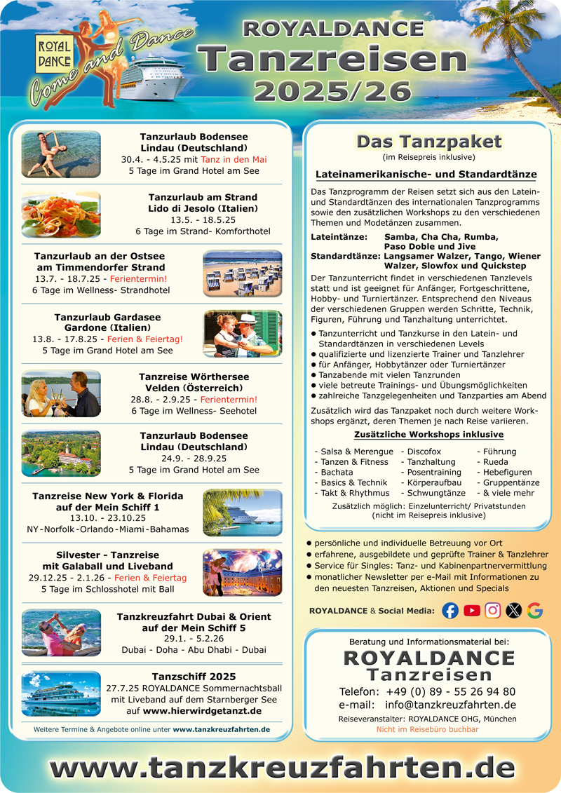 InfoRoyaldance's tweet photo. NEU🤩:  Pdf mit neuen ROYALDANCE Tanzreisenterminen &amp; Reisezielen 2025  &amp; 26 ! Zum runterladen oder als Print-Flyer zum bestellen per Post : https://t.co/8k9Hf4MnFj https://t.co/O9GjoguXiB