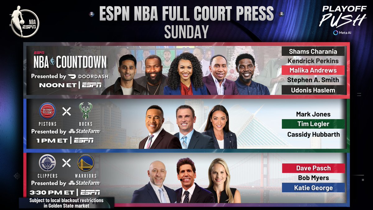 ESPN PR (@espnpr) on Twitter photo Sunday, <a href="/ESPNNBA/">NBA on ESPN</a> concludes its coverage of the '24-'25 #NBA reg. season
Ft. an ESPN doubleheader w/significant #NBAPlayoffs & Play-In Tournament seeding implications
πNoon ET | NBA Countdown
π1p ET | #DetroitBasketball vs #FearTheDeer
π3:30p ET | #ClipperNation vs #DubNation Sunday, <a href="/ESPNNBA/">NBA on ESPN</a> concludes its coverage of the '24-'25 #NBA reg. season
Ft. an ESPN doubleheader w/significant #NBAPlayoffs & Play-In Tournament seeding implications
πNoon ET | NBA Countdown
π1p ET | #DetroitBasketball vs #FearTheDeer
π3:30p ET | #ClipperNation vs #DubNation