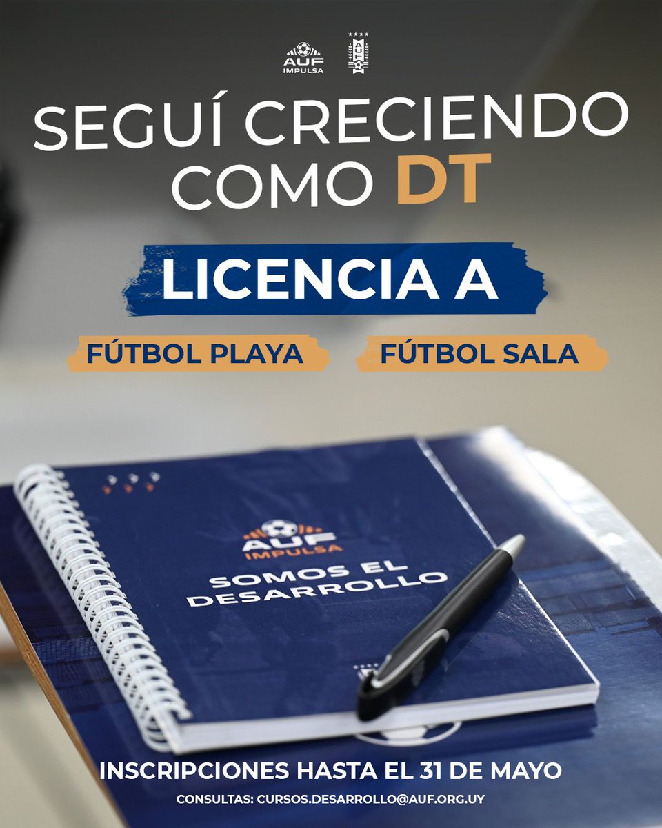 📚 𝐔𝐧 𝐩𝐚𝐬𝐨 𝐦𝐚́𝐬 𝐞𝐧 𝐭𝐮 𝐜𝐚𝐫𝐫𝐞𝐫𝐚 𝐝𝐞 𝐃𝐓

Hasta el 31/5 podés inscribirte al Curso de Licencia A para Entrenadores de Fútbol Sala o Fútbol Playa.

ℹ️ Consultá los requisitos: bit.ly/Licencia-A
✉️ cursos.desarrollo@auf.org.uy