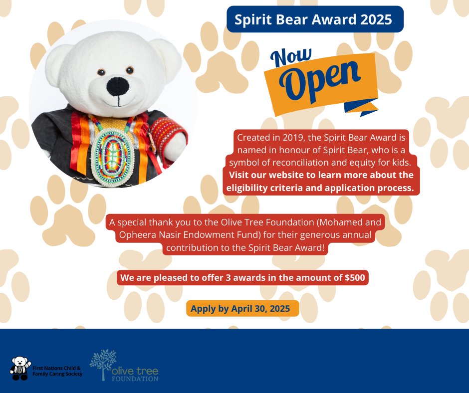 Just a few more weeks left to nominate a group you know for the Spirit Bear Award! This year the Spirit Bear Award consists of 3 awards of $500 for groups of young people who show their commitment to reconciliation &amp; the TRC’s Calls to Action. 

fncaringsociety.com/awards-scholar…