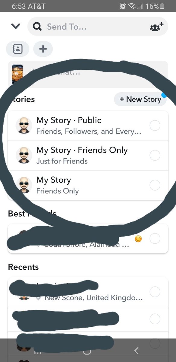 Thatemmeffer's tweet photo. @Snapchat why is there 3 bubbles to share a story? Whats the difference between the 2 "for friends only" options? https://t.co/yglky7b3xr