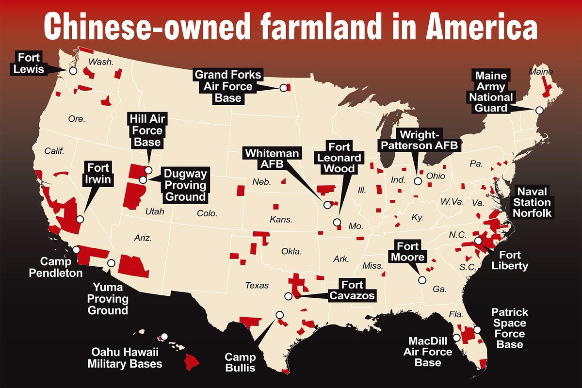 The United States needs laws on the books that would prevent the Chinese from buying property in the U.S.

China has been buying up strategically placed farmland near military installations across the U.S, raising national security concerns about potential espionage or sabotage.