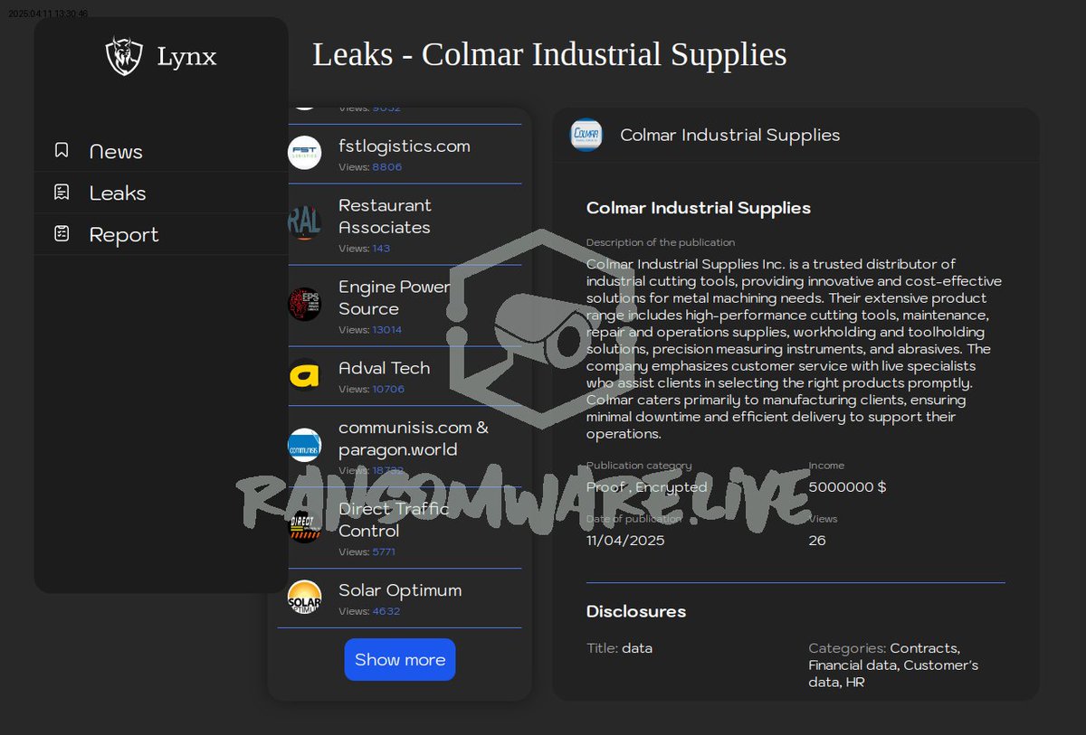 TweetThreatNews's tweet image. Colmar Industrial Supplies, a leading distributor of cutting tools, fell victim to a ransomware attack by the Lynx group. Impacting their operations and customers. 🛠️🔒 #Colmar #Ransomware #IndustrialTools

link: ift.tt/3selhok