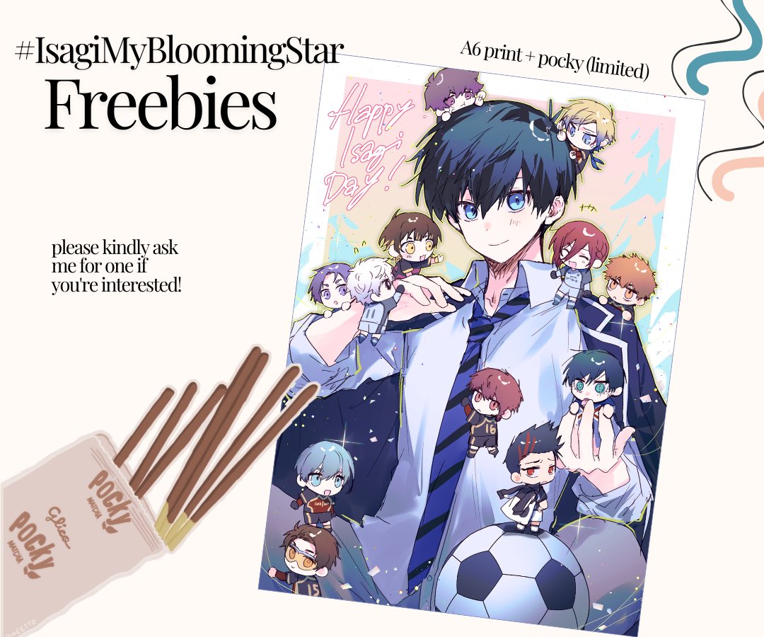 unagibo's tweet image. freebies for @happy_isagi_day event tomorrow, i'll be dropping by for a bit around 12-1 PM๐โโ๏ธ #IsagiMyBloomingStar
